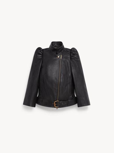 A black leather biker jacket with puffed shoulders, asymmetric zip and buckled waist belt