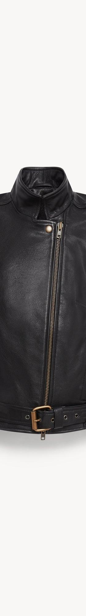 A black leather biker jacket with puffed shoulders, asymmetric zip and buckled waist belt
