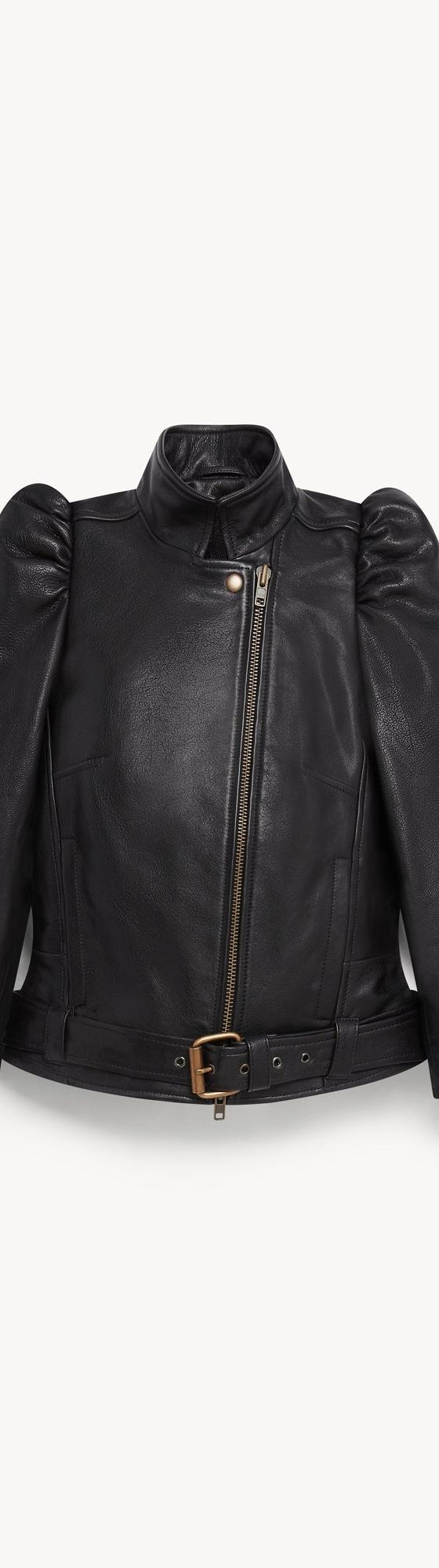A black leather biker jacket with puffed shoulders, asymmetric zip and buckled waist belt
