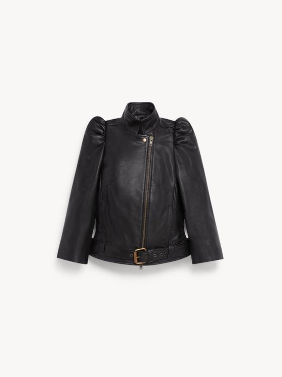 A black leather biker jacket with puffed shoulders, asymmetric zip and buckled waist belt