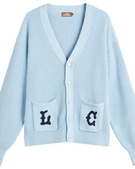 A pale blue Late Checkout ribbed knit cardigan with navy lettered patch pockets