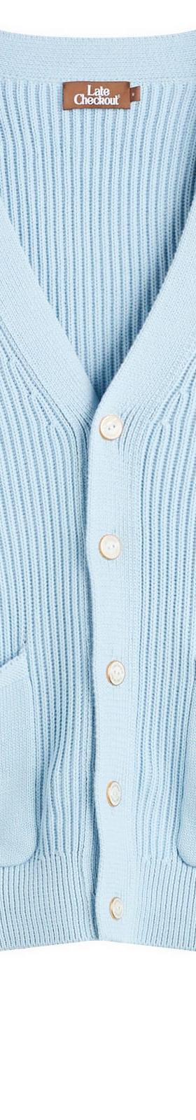 A pale blue Late Checkout ribbed knit cardigan with navy lettered patch pockets