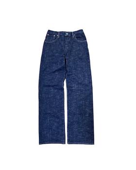 A pair of dark indigo raw selvedge Left Field NYC jeans on a plain white background