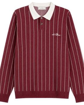 A burgundy pinstriped Les Deux long-sleeve knit polo with a white contrast collar