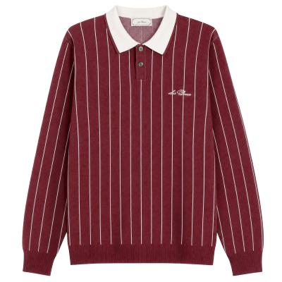 A burgundy pinstriped Les Deux long-sleeve knit polo with a white contrast collar