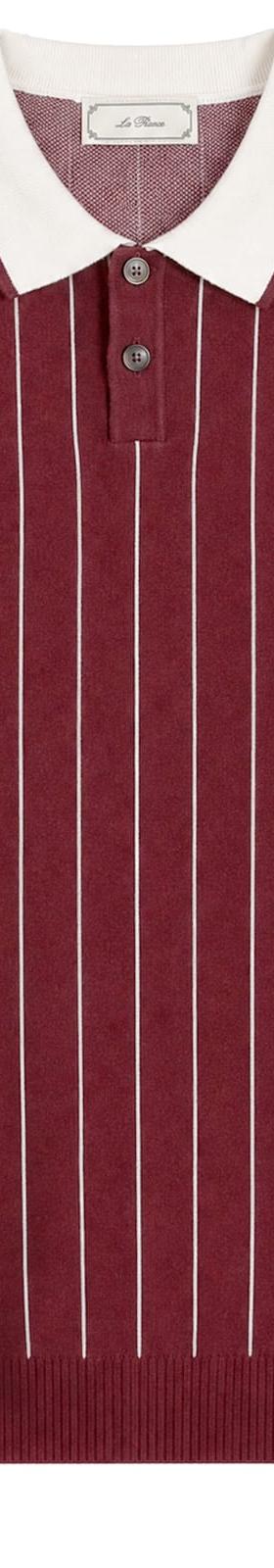 A burgundy pinstriped Les Deux long-sleeve knit polo with a white contrast collar