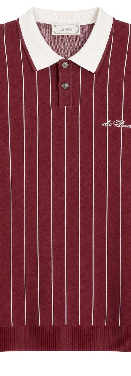 A burgundy pinstriped Les Deux long-sleeve knit polo with a white contrast collar