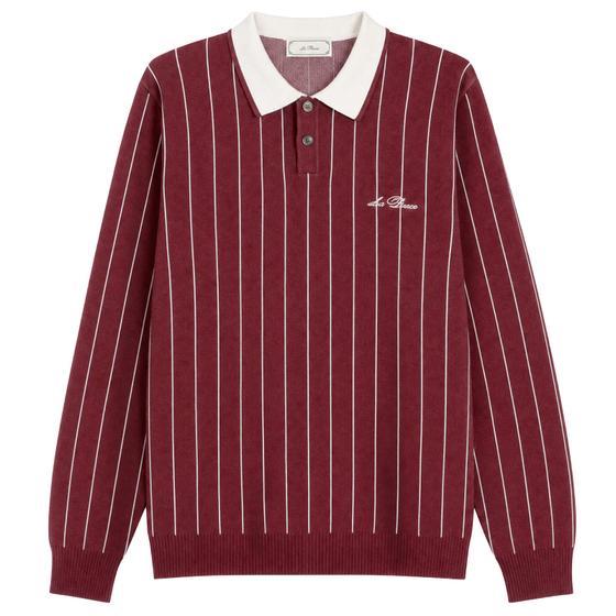 A burgundy pinstriped Les Deux long-sleeve knit polo with a white contrast collar