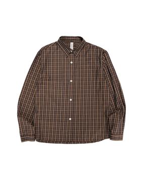 A brown checked long-sleeve overshirt photographed on a plain white background