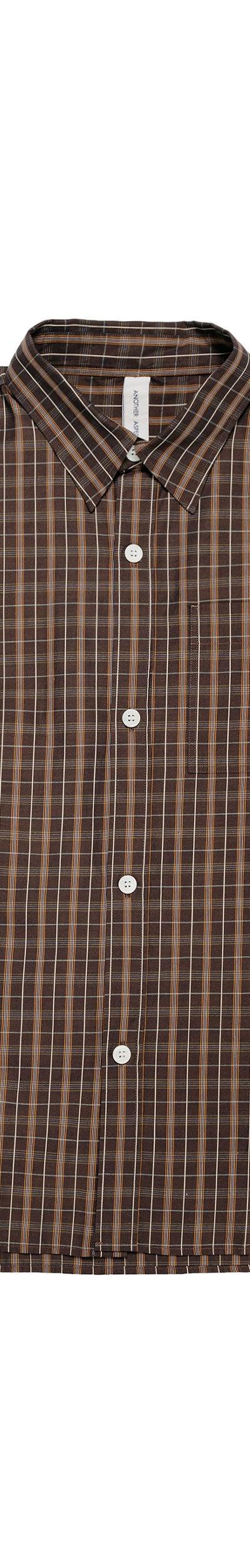 A brown checked long-sleeve overshirt photographed on a plain white background
