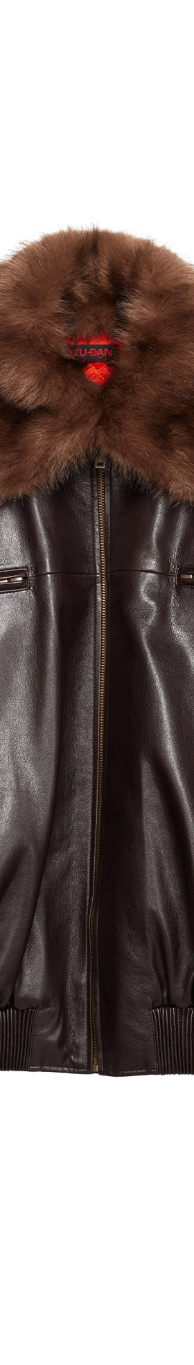 A brown LU'U DAN leather bomber jacket with a fur collar