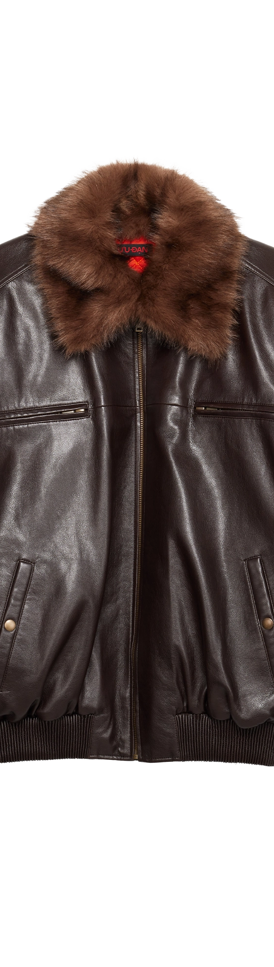 A brown LU'U DAN leather bomber jacket with a fur collar