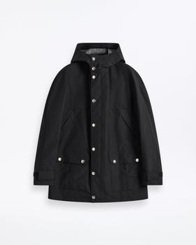 A black Mackintosh hooded raincoat with press-stud fastening on a plain white background