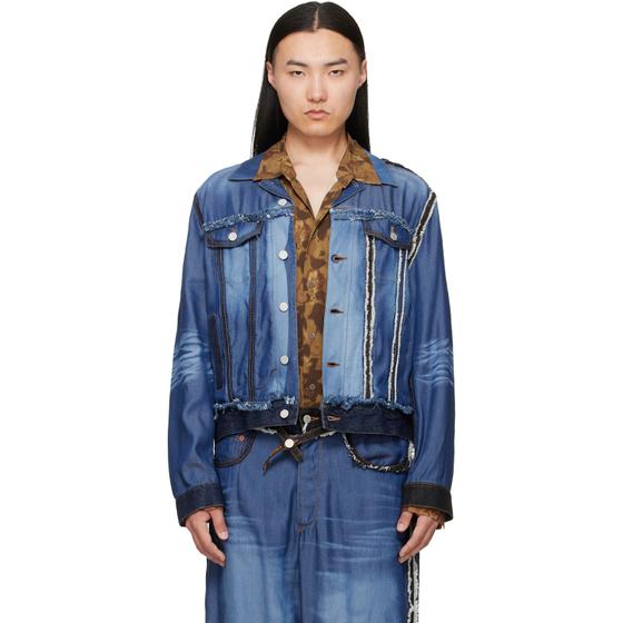 A man wearing a patchwork blue denim Magliano jacket with a printed brown shirt and matching jeans