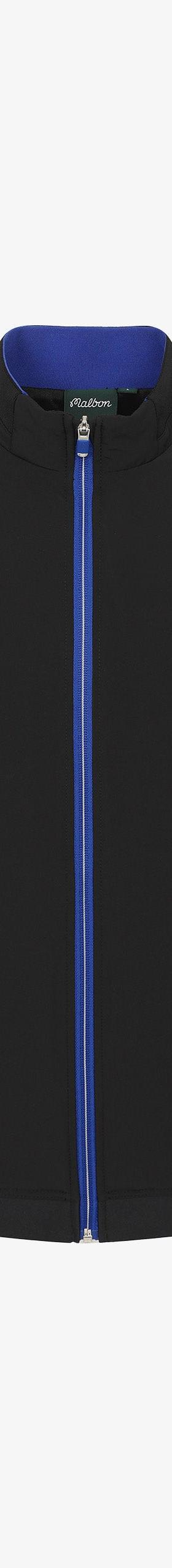 A black Malbon golf jacket with a blue zip and contrast collar on a plain white background