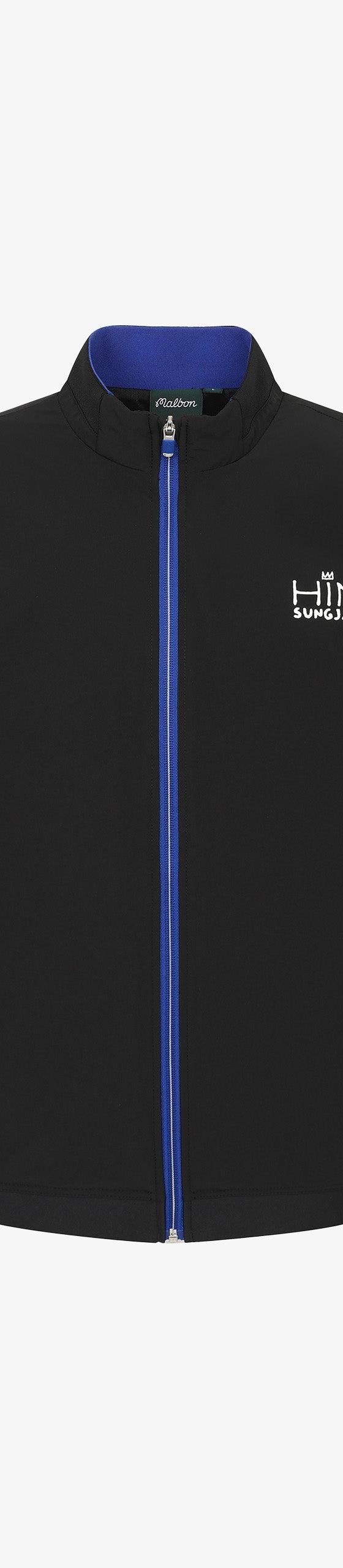 A black Malbon golf jacket with a blue zip and contrast collar on a plain white background