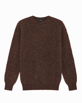 A brown brushed Shetland wool crewneck sweater by Malloch's on a plain background