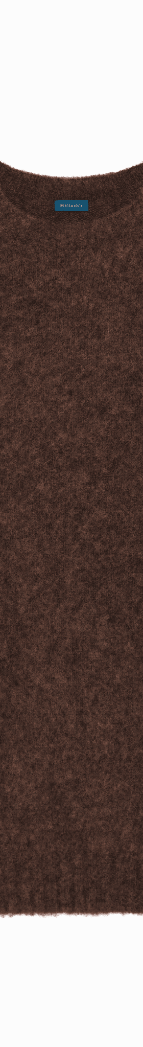 A brown brushed Shetland wool crewneck sweater by Malloch's on a plain background