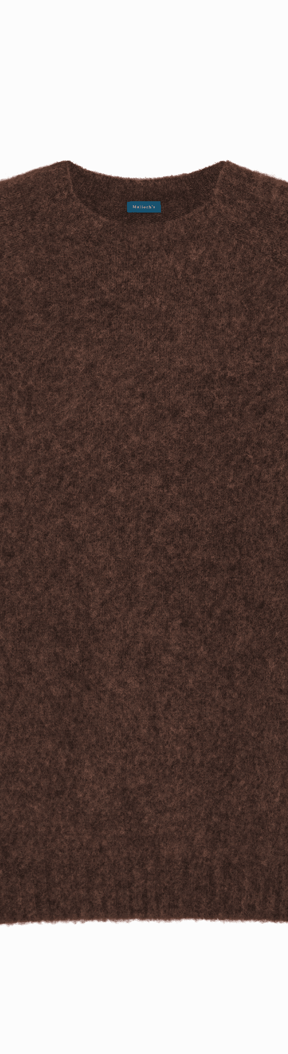 A brown brushed Shetland wool crewneck sweater by Malloch's on a plain background