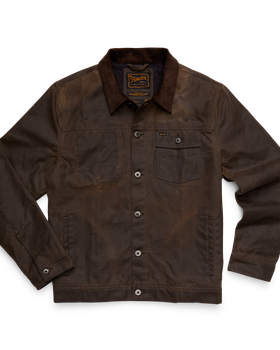 A waxed brown canvas chore jacket with corduroy collar on a plain background