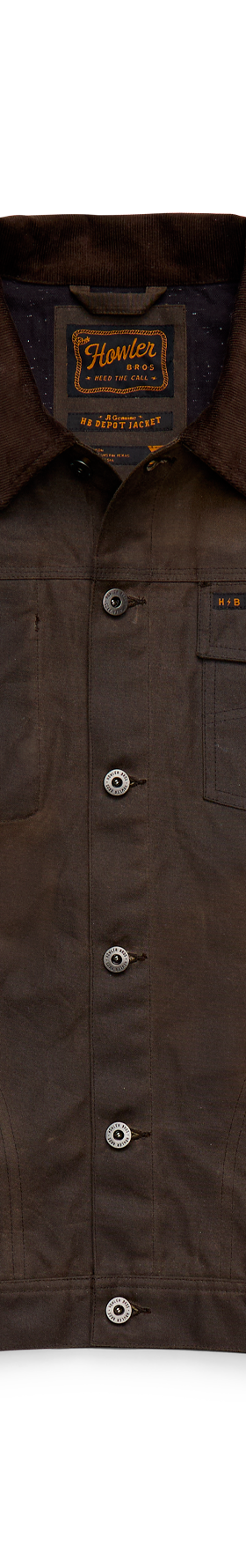A waxed brown canvas chore jacket with corduroy collar on a plain background