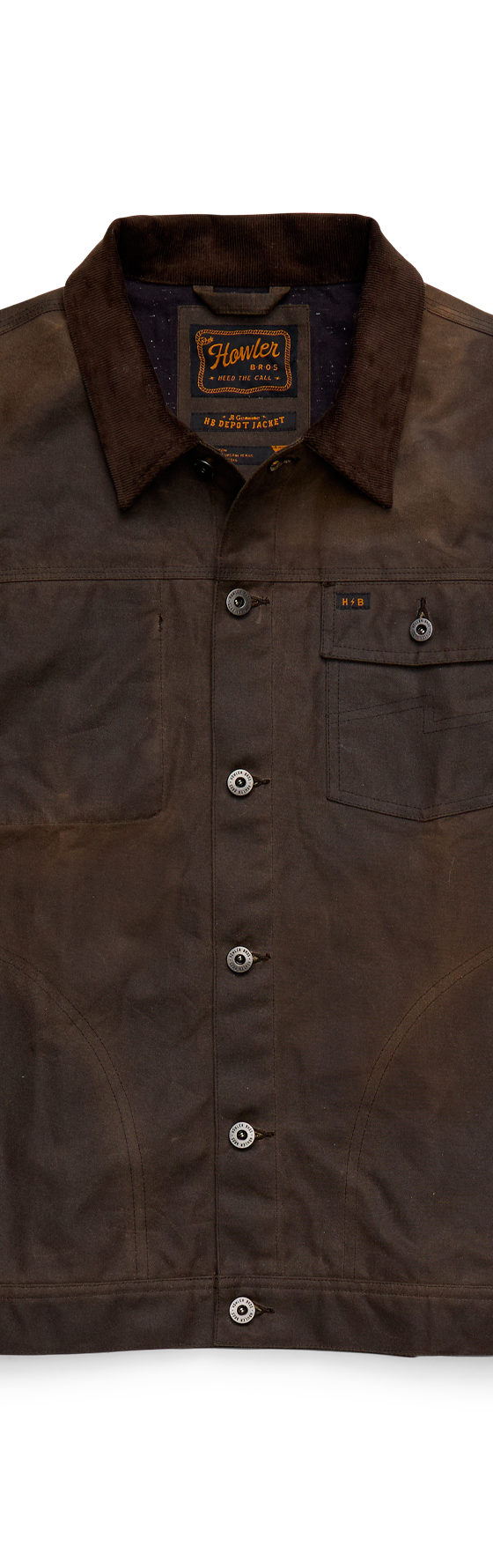 A waxed brown canvas chore jacket with corduroy collar on a plain background