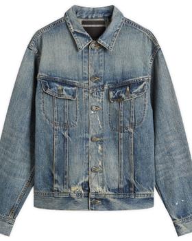 A faded blue Mastercraft Union selvedge denim trucker jacket on a plain white background