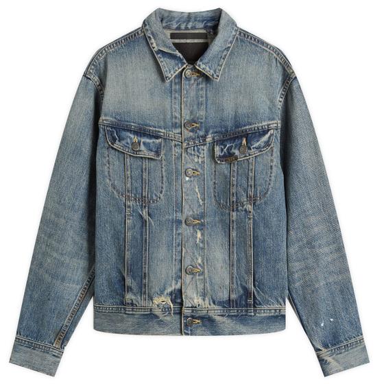 A faded blue Mastercraft Union selvedge denim trucker jacket on a plain white background