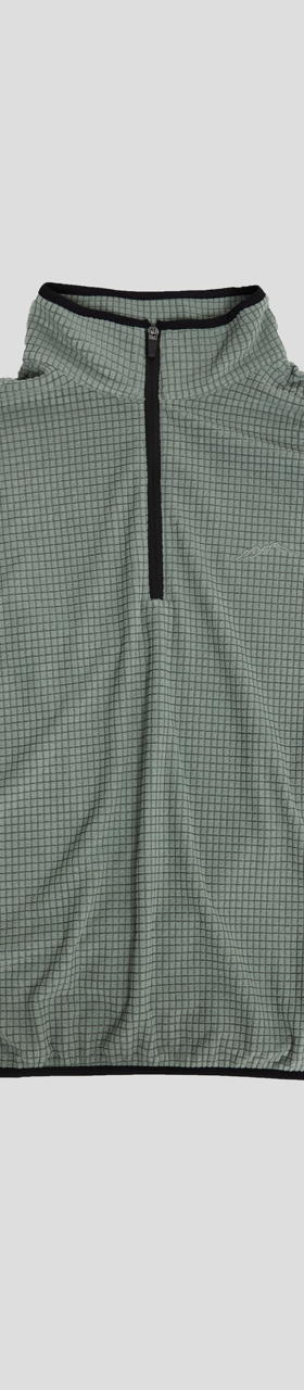 A sage green grid-fleece half-zip pullover with black trim