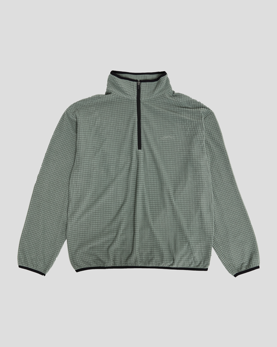 A sage green grid-fleece half-zip pullover with black trim