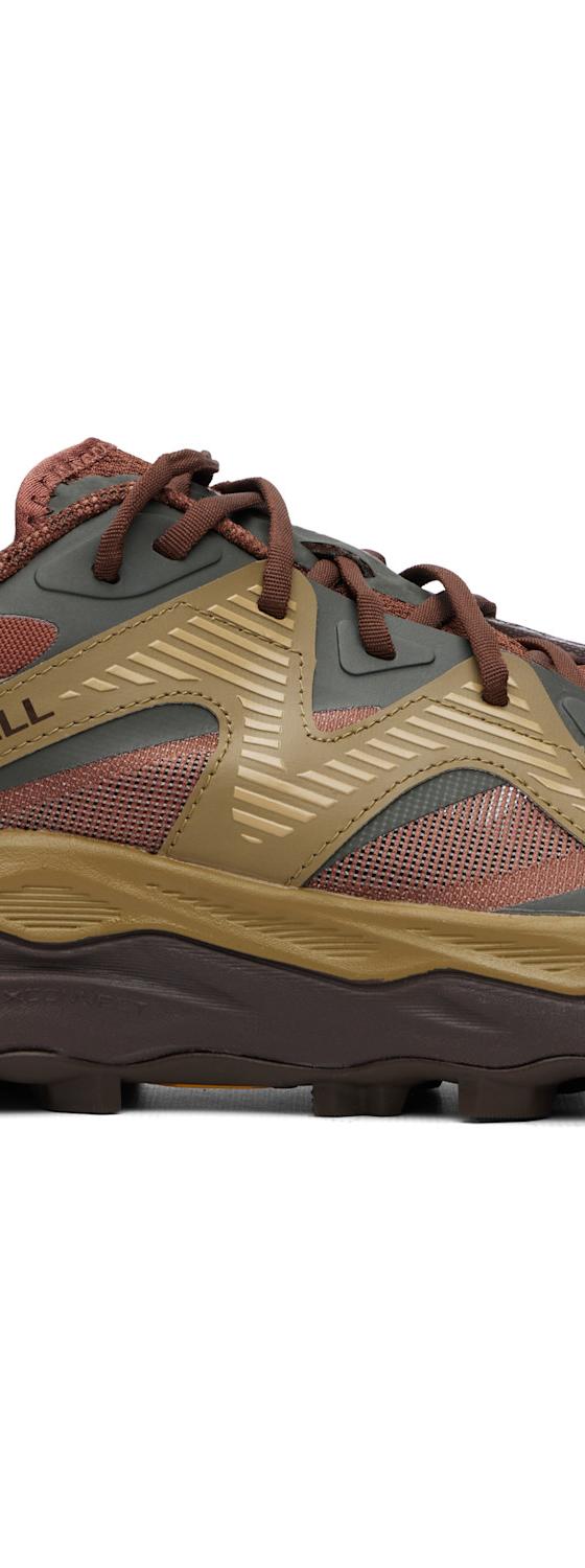 A rust and olive Merrell 1TRL trail sneaker with a lugged Vibram sole