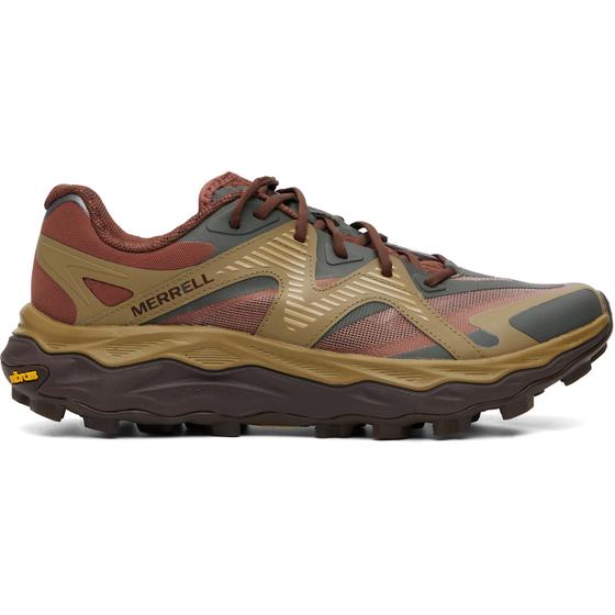 A rust and olive Merrell 1TRL trail sneaker with a lugged Vibram sole