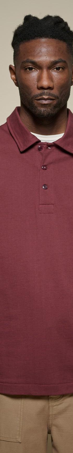 A man wearing a burgundy Merz b. Schwanen long-sleeve knit polo with tan trousers