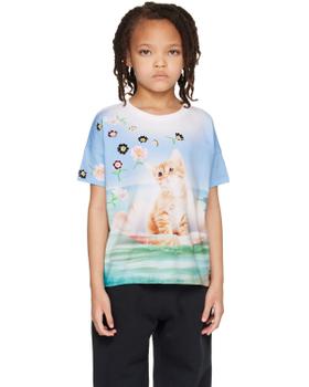 A child wearing a Molo kitten-print T-shirt with black trousers