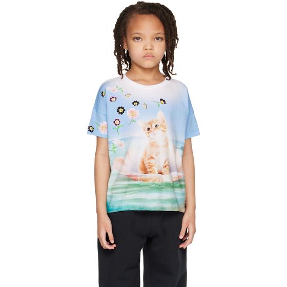 A child wearing a Molo kitten-print T-shirt with black trousers