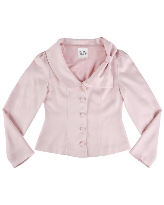 A pale pink My Mum Made It satin blouse with a rounded collar and flared sleeves on a plain white background