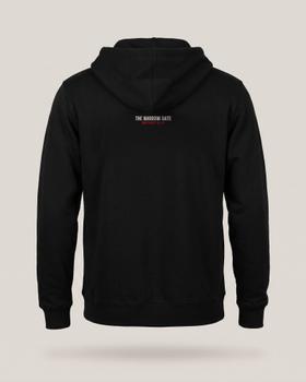 The back of a black Narrow Gate zip-up hoodie with a small red and white print