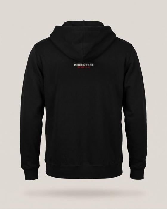 The back of a black Narrow Gate zip-up hoodie with a small red and white print