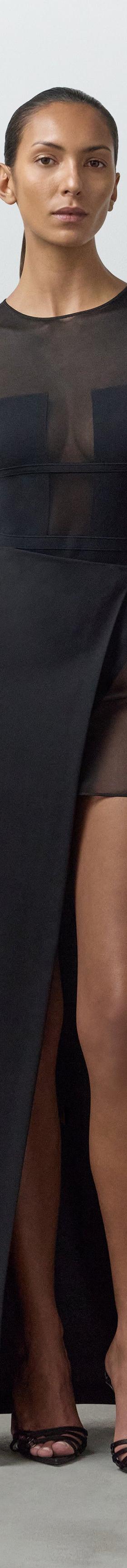 A woman wearing a sheer black Nensi Dojaka mesh bodysuit and high-slit maxi skirt