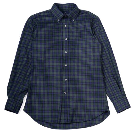 A navy and green Black Watch plaid button-down shirt by New England Shirt Company