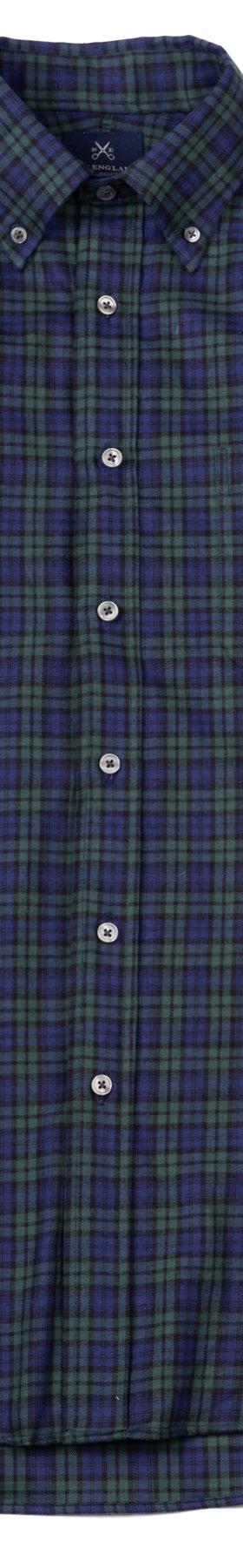 A navy and green Black Watch plaid button-down shirt by New England Shirt Company