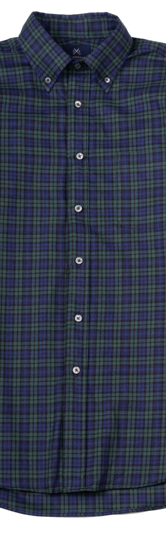 A navy and green Black Watch plaid button-down shirt by New England Shirt Company