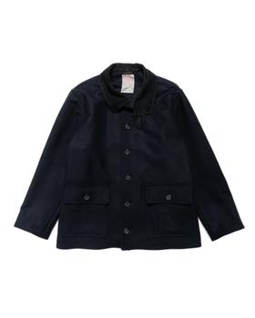 A navy wool NICENESS chore jacket with a corduroy collar on a plain background