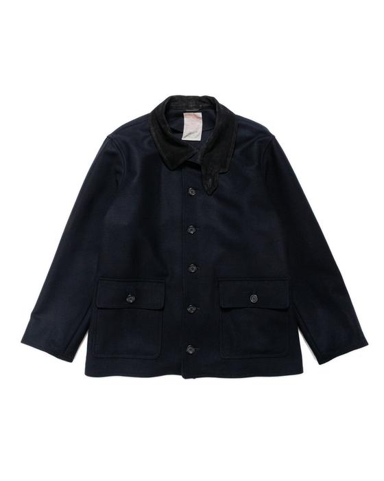 A navy wool NICENESS chore jacket with a corduroy collar on a plain background