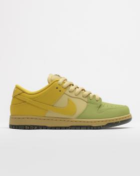 A yellow and green Nike SB Dunk Low skate shoe
