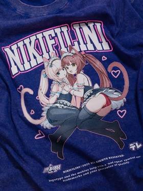 An indigo NIKIFILINI T-shirt printed with an anime cat-maid graphic