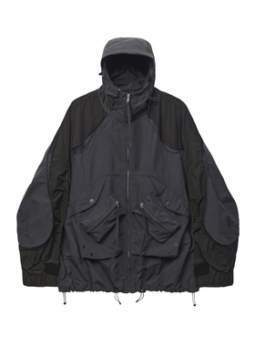 A black technical hooded utility parka with multi-pocket panelling by Nilmance