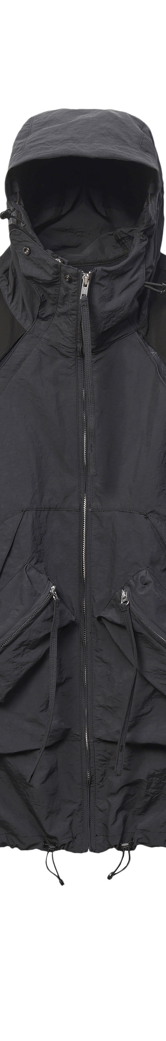 A black technical hooded utility parka with multi-pocket panelling by Nilmance