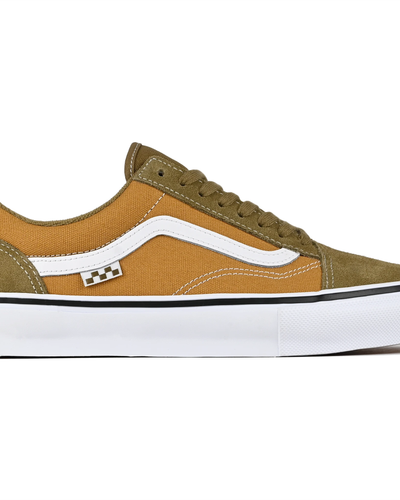 A pair of olive and tan suede skate shoes on a plain white background