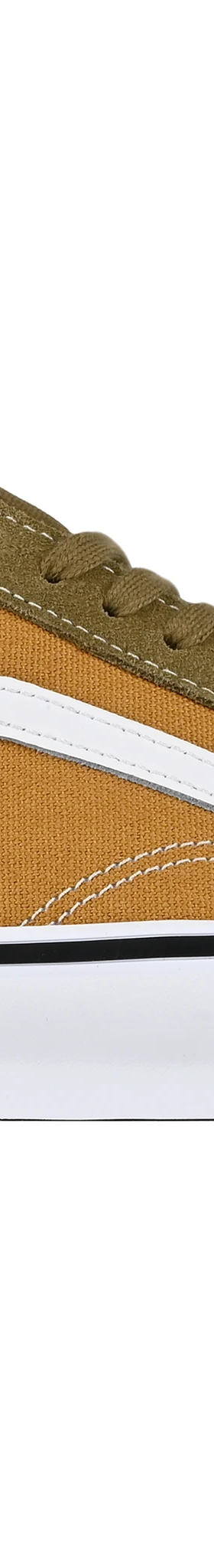 A pair of olive and tan suede skate shoes on a plain white background
